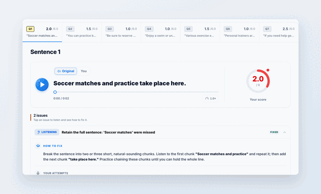 Clicking through the sentence tabs, each one opening its own workspace with a different sentence, score, and set of issues.