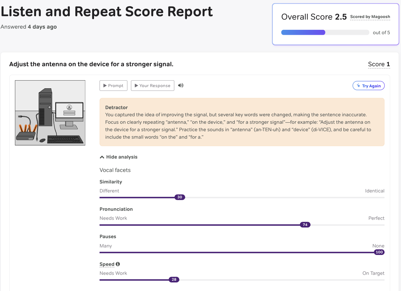 Magoosh's Listen and Repeat score report. Overall Score 2.5 out of 5, marked "Scored by Magoosh". The sentence "Adjust the antenna on the device for a stronger signal." is scored 1 and labelled Detractor, with the diagnosis quoted above. Below it, four Vocal facets on 0-100 sliders: Similarity 30, Pronunciation 74, Pauses 100, Speed 28. A "Try Again" button sits beside the response.