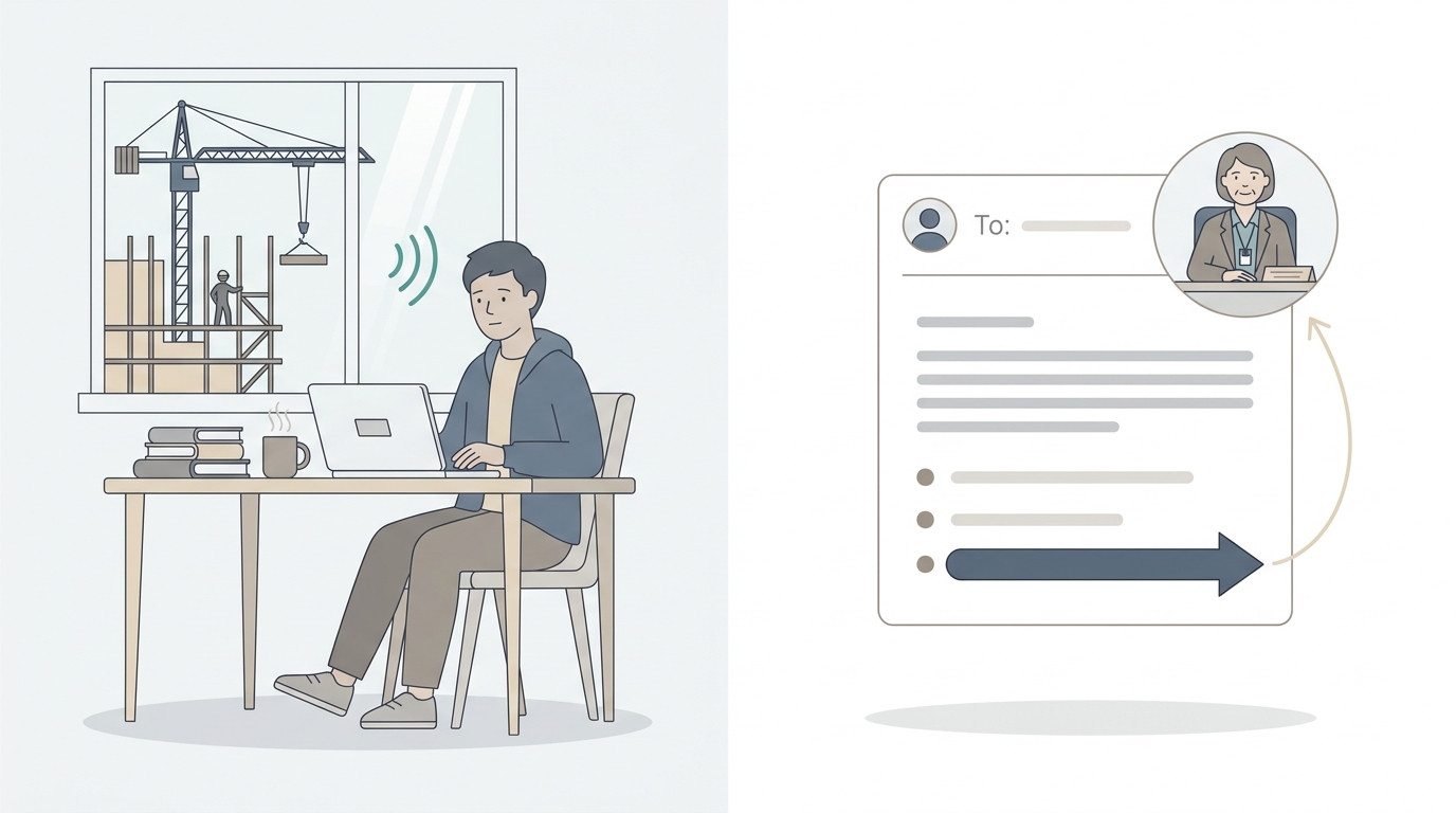 Illustration of the anatomy of an Email Writing question: on the left a student at a dorm desk with construction work visible through the window, on the right the email being composed to a named Housing Office coordinator, with the scenario, the recipient, the instruction line and the three required points marked as the four parts of the question.