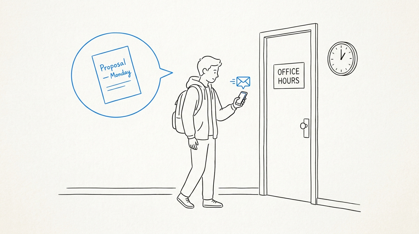 Line-art scene: a student outside a professor's office, the "Office Hours" door sign showing a slot that has already passed, holding a phone; a thought bubble carries an email icon and a paper due "Monday".